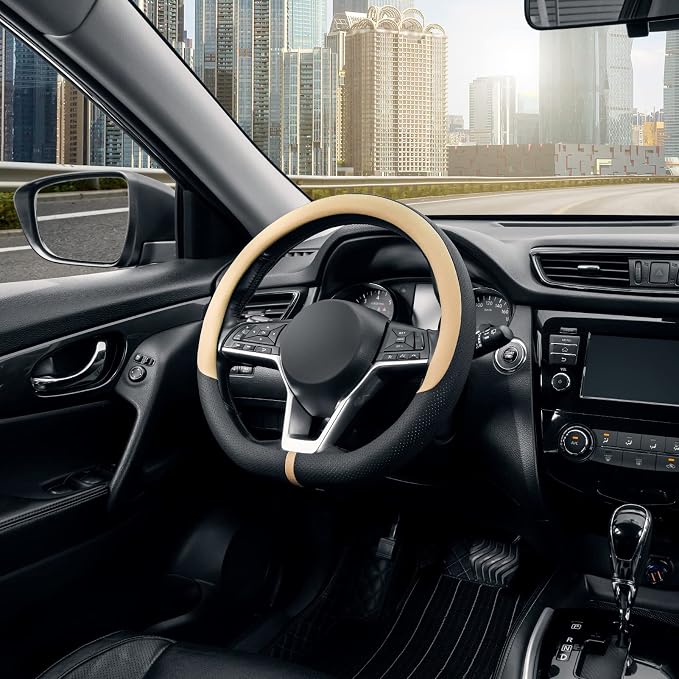 Flat Bottom Steering Wheel Cover Breathable, D Shaped Car Wheel Cover 14 1/2-15 in. (37-39 cm), Black Beige Microfiber Leather