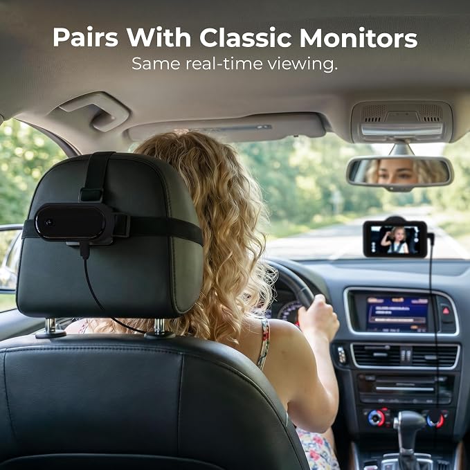 Add-On Camera for Classic Baby Car Monitor, 720P HD Extra Camera with Headrest Mount, Split Screen Dual Baby Monitoring, 2.4GHz Connection, 33 ft Range (Black, Micro USB Version)