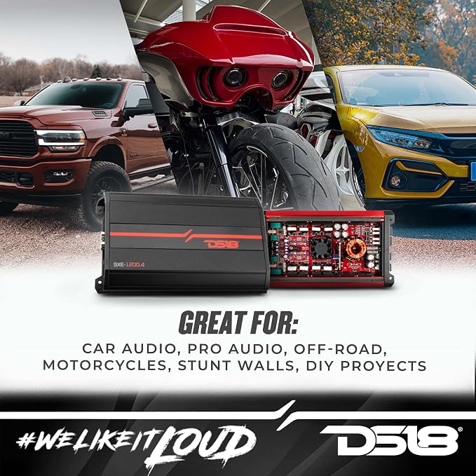 SXE-1200.4/BK Car Amplifier Stereo Full-Range Class A/B 4-Channel 60x4 RMS @4 OHM 1200 Watts - Powerful and Compact Amp for Speakers in Car Audio System