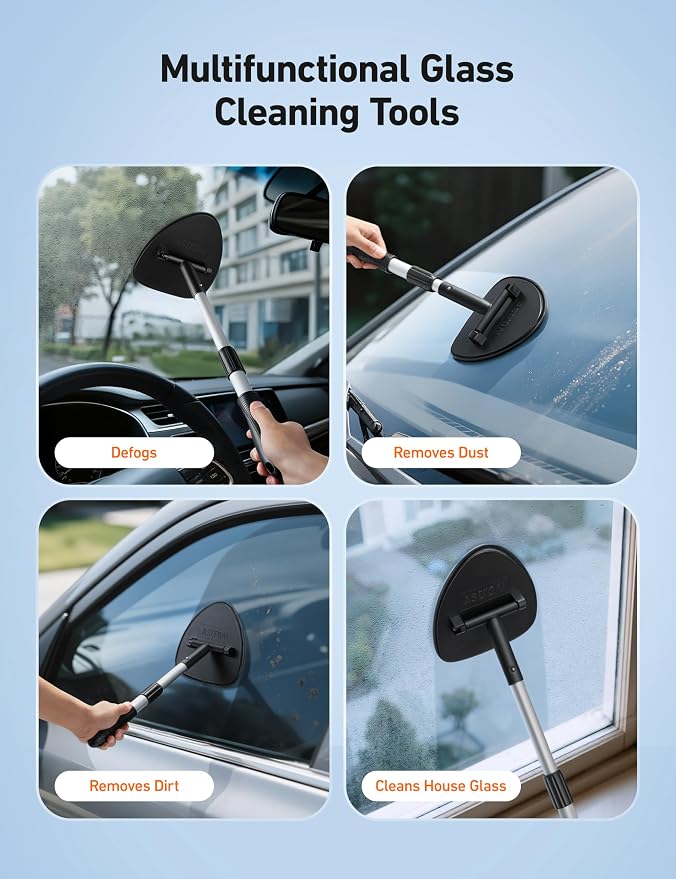 Windshield Cleaner Tool, Car Window Cleaner with 4 Upgraded Microfiber Pads, 1 Spray Bottle, 180° Rotatable and Extendable Handle, Effortless Installation
