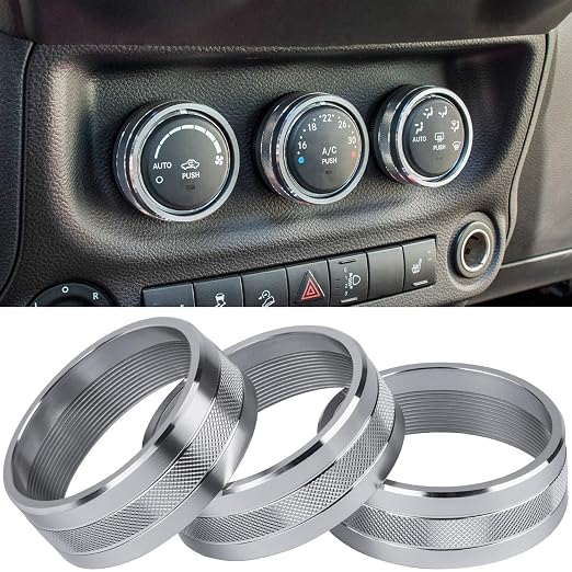 Audio Air Conditioning Button Cover Decoration Twist Switch Ring Trim for Jeep Wrangler JK JKU Patriot 2011-2018, Compass 11-16, Liberty 08-12, Dodge Challenger 08-14 Interior Accessories (Silver)