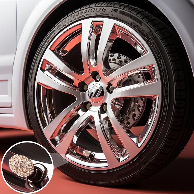 4PCS Bling Crystal Diamond Tire Stem Valve Caps, Dustproof Car Wheel Tire Valve Caps Universal Tire Valve Stem Covers for Cars, SUV, Trucks, Bikes, Motorcycles, Bicycles (Rose Gold)