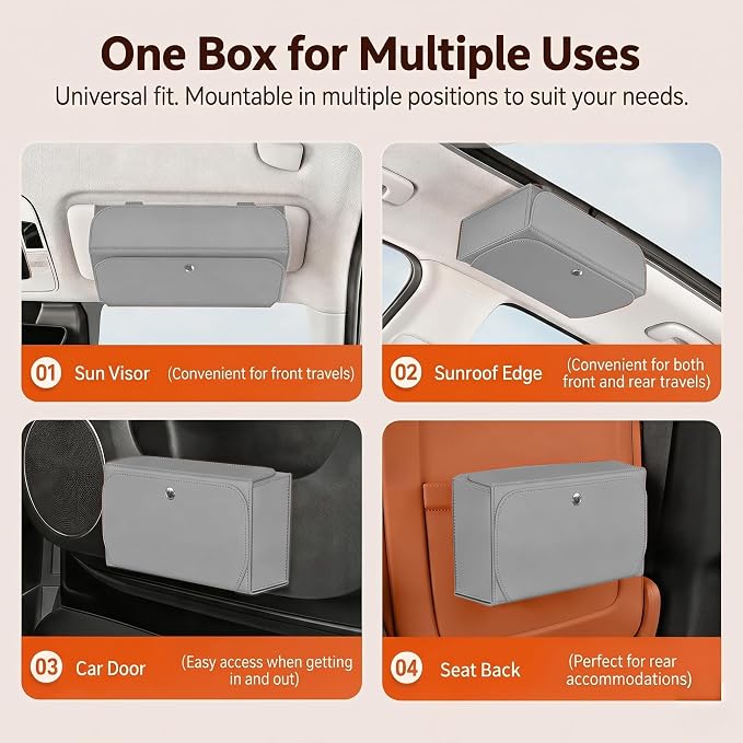 Magnetic Foldable Car Tissue Box - Easy-Install Tissue Holder for Sun Visors and Seat Backs,Premium Leather Car Napkin Organizer—Designed for Commuters,Rideshare Drivers and Families(Grey)