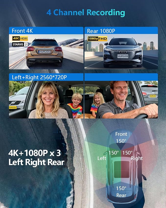 AI 4K Dash Cam Front and Rear Recording with Driver Monitoring System, 360° View 4 Channel Dashcam Car Camera, STARVIS 2 Night Vision, 5G Wi-Fi GPS, 3" Touch Screen, with 64GB Card, V8 MAX