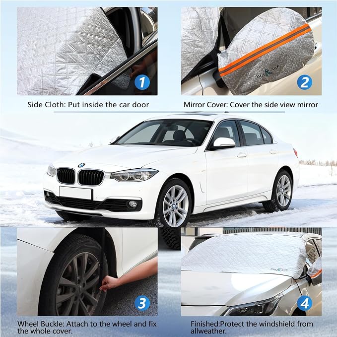 Windshield Cover for Ice and Snow - Universal Windshield Cover Fit for Car, SUV, Truck, 600D Oxford Fabric Winter Frost Protector for Ice & Sleet, Includes 2 Side Mirror Covers, XL White
