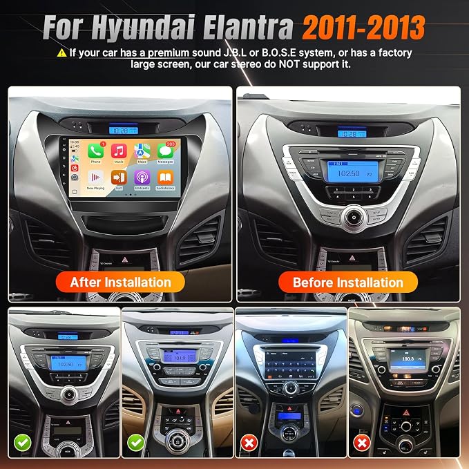 Linux Car Radio for Hyundai Elantra 2011 2012 2013 Fast Boot Stereo Replacement with Wireless Carplay Android Auto 9'' Touchscreen with Bluetooth MirrorLink SWC FM Backup Camera MIC