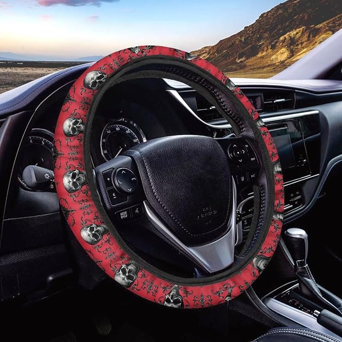 Car Steering Wheel Covers Sweat Absorption Comfort Grip for Men | Skull Bat Red Print, Halloween Decor, Car SUV Sedans Interior Accessories, Steering Wheel Protection Sweat Absorption
