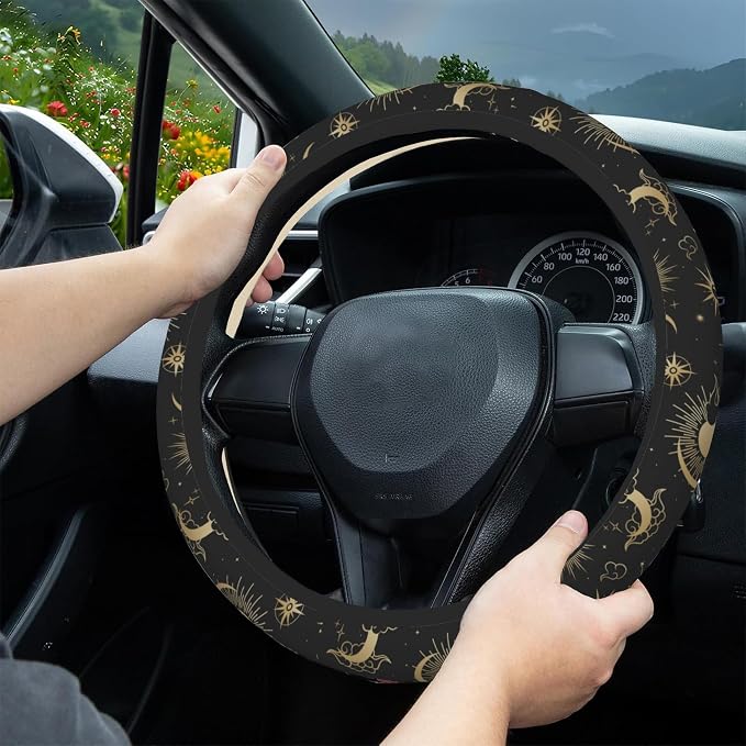 Magical Clouds with Moon Steering Wheel Cover, Sun and Stars Elastic Non-Slip Steering Wheel Protector,Auto Interior Decor for Women Girls,Universal 15" Fit for Sedans,Trucks