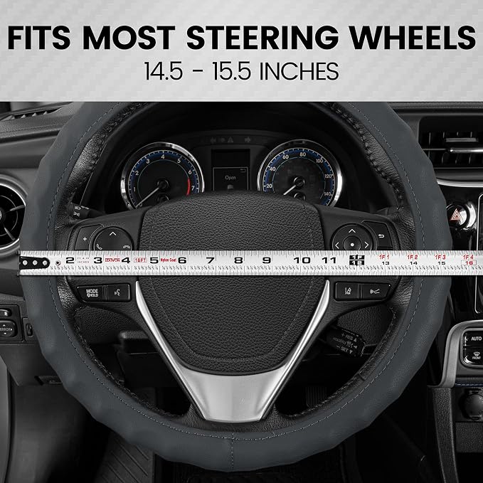 SW-899-MG Genuine Leather Car Steering Wheel Cover 14.5-15 inch Medium/Gray, Easy Installation
