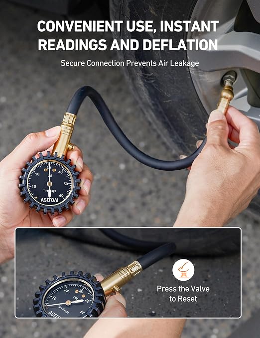 Tire Pressure Gauge for Cars with Large 2" Dial, Solid Brass with Rubber Hose, Air Bleeder Valve, ANSI B40.1, 0-60PSI