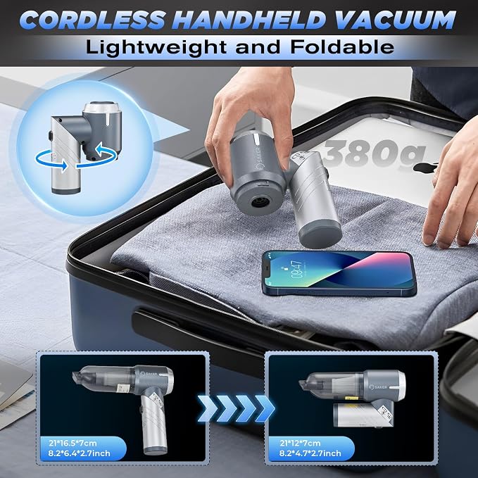 Car Vacuum Cleaner 17000PA Foldable Mini Handheld Vacuums Portable Cordless with Brushless Motor for Gifts, Hair,Cars,Bedrooms,Offices Cleaning HL132 Silver