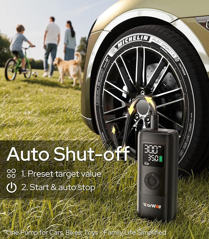 WARWOLF 160PSI Portable Air Compressor, Electric Air Pump for Car Tires with Pressure Gauge, Dual Power 12V DC, LED Light, Auto Shut-Off, Tire Pump for Auto, Motorcycle, Bicycle, Balls