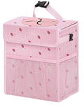 Corduroy Car Trash Can with Lid and Mesh Pockets - Leakproof Organizer,Multipurpose Waterproof Garbage Can/Trash Bin for Car(Pink Base with Red Strawberry Print -2 Gallons)