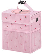 Corduroy Car Trash Can with Lid and Mesh Pockets - Leakproof Organizer,Multipurpose Waterproof Garbage Can/Trash Bin for Car(Pink Base with Red Strawberry Print -2 Gallons)