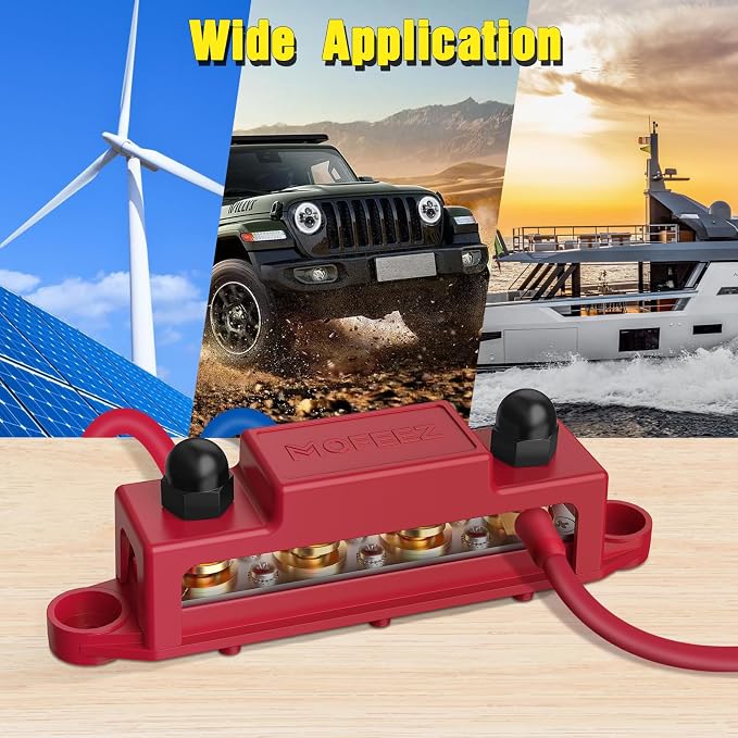 Power Distribution Block Bus Bar, 4 x 5/16" Posts, 6 x #8 Screws Terminals, Max 48V 250A (Pair, Red & Black)