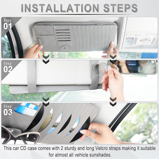 Sun Visor CD Case Holder for Car - Multi-Function Visor Organizer with CD/DVD Storage, Eyeglass Clip, Card Slots & Pen Holder, Durable Leather Car Accessories (Grey)
