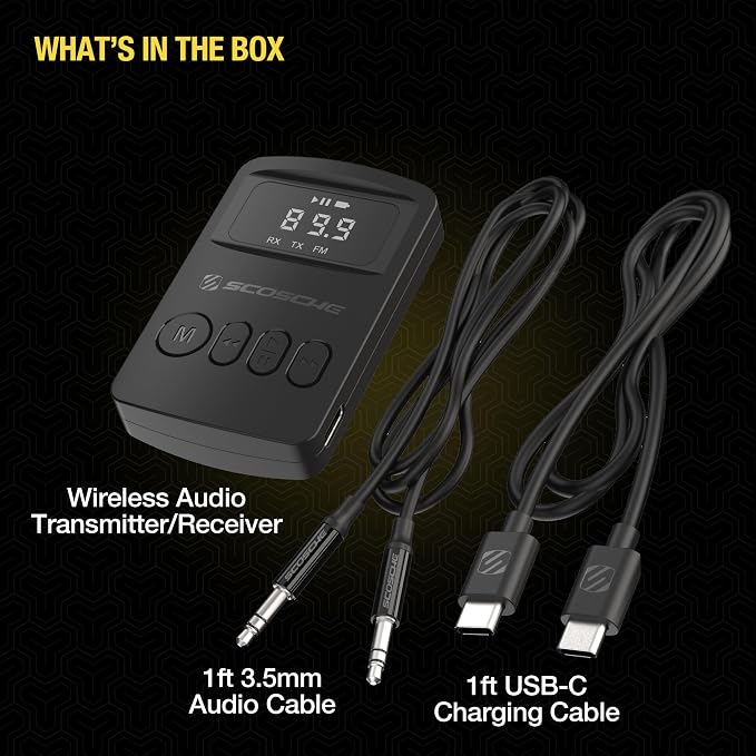 BTTRFM Portable Bluetooth Transmitter & Receiver + FM Adapter, Wireless Audio Adapter for Car, TV, Airplane, Home Stereo, Headphones with AUX & FM, Low Latency, 30–40ft Range, 7hr Battery Life