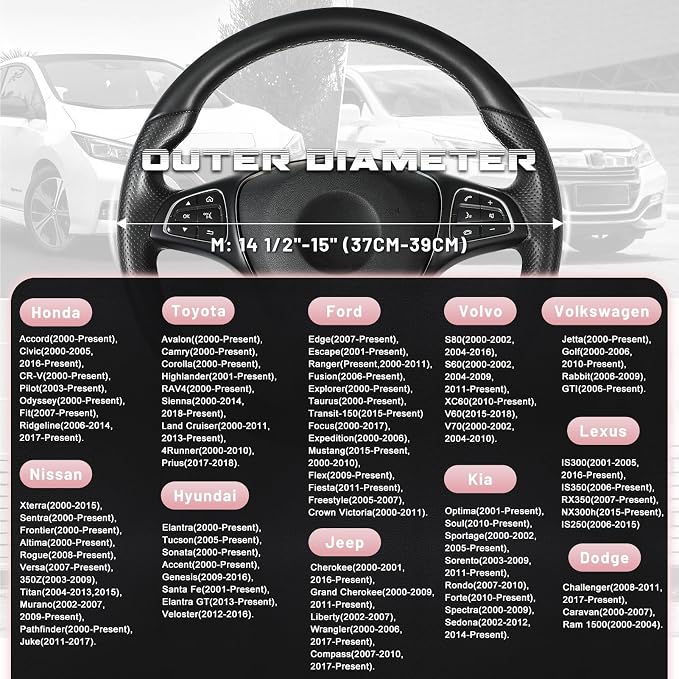 Steering Wheel Cover for Car, Standard Size 14.5-15 inch, Auto Interior Accessories, Black and Pink