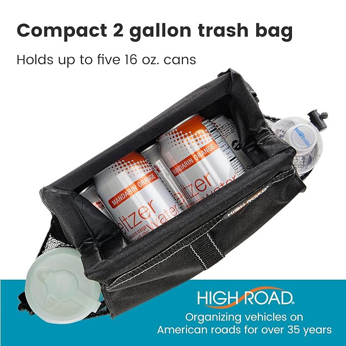 Car Organizer with Car Trash Bag and Tissue Holder - Holds Full Size Tissue Box, Bottles and Wipe Containers - 2 Gal Leakproof Covered Car Trash Can with Push-Close Lid