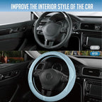Steering Wheel Cover, Light Blue Patterned Leather Patchwork Design, Universal Fit 14.5"–15.5", Anti-Slip, Odor-Free, Soft PU Grain Leather, Durable Grip Car Accessory for Girls & Women