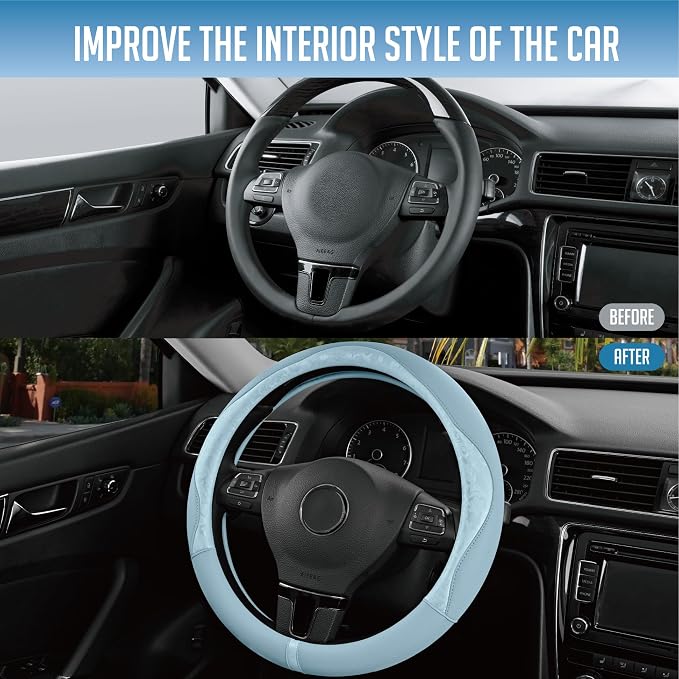 Steering Wheel Cover, Light Blue Patterned Leather Patchwork Design, Universal Fit 14.5"–15.5", Anti-Slip, Odor-Free, Soft PU Grain Leather, Durable Grip Car Accessory for Girls & Women