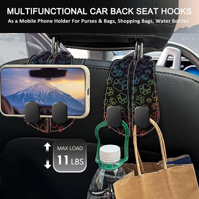 2PCS Car Seat Back Storage Headrest Hooks, Dog Paw Purse Holder Bags Hanger, PU Leather Double Metal Hook for Backseat Organizer, Women Car Accessories Organization