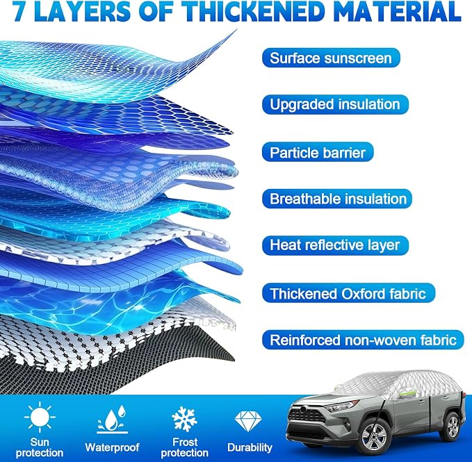 Half Car Cover for SUV Sunroof & Windshield Cover for Ice and Snow, All Weather Vehicle Body Cover for Sun, Rain, Dust（142"x59"）
