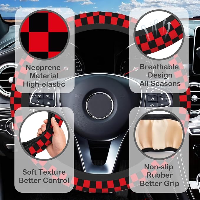 Black and Red Checkered Steering Wheel Cover with 2 Pcs Car Coasters Neoprene Steering Wheel Cover for Women Men Anti-Slip Breathable Car Accessories Universal 15 Inch Fit Auto Cars Trucks
