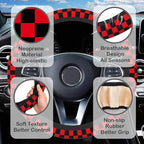 Black and Red Checkered Steering Wheel Cover with 2 Pcs Car Coasters Neoprene Steering Wheel Cover for Women Men Anti-Slip Breathable Car Accessories Universal 15 Inch Fit Auto Cars Trucks