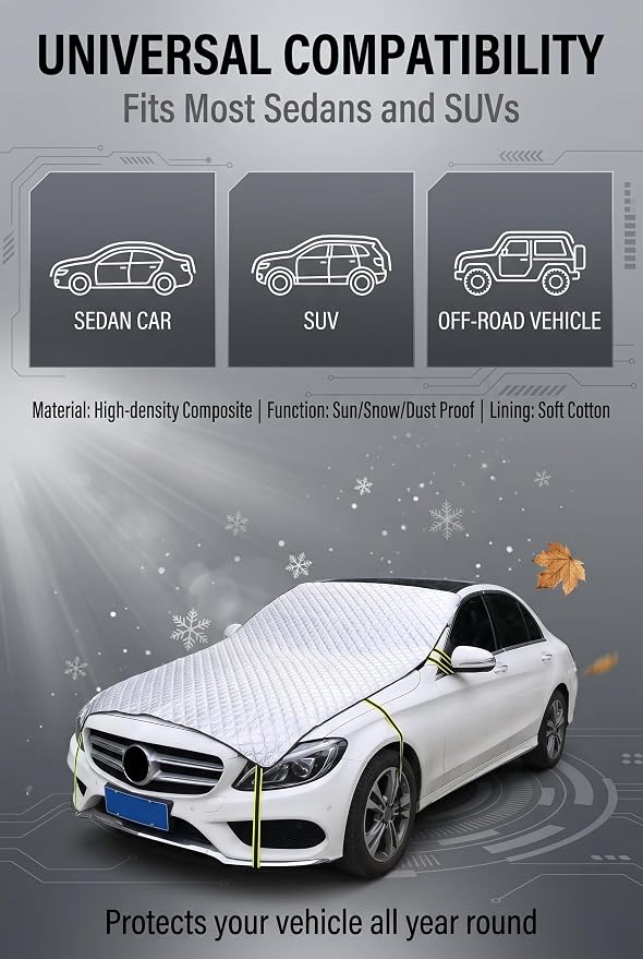 Half Car Cover, Windshield Cover for Ice and Snow, Aluminum Heat Block Foil Hood Covers, Universal Hail Protector Sunshade Automotive Covers