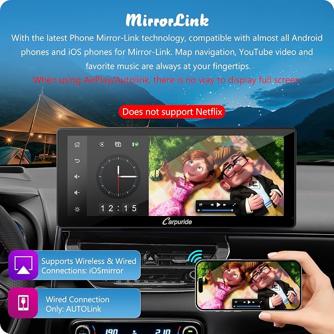 Carpuride W103 Pro with Wireless Bluetooth Transmission Portable Carplay & Android Auto Car Stereo, 10.3 inch 1080P Touch Screen, Mirror Link/GPS/Siri/FM, with 3 Bracket，Dual BT