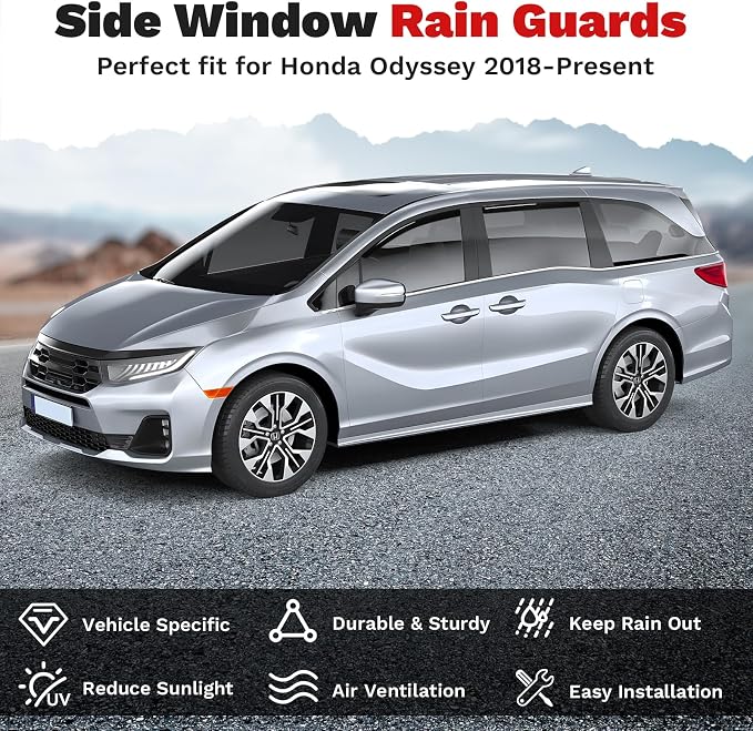 Window Visors Rain Guards for 2018-2025 2026 Honda Odyssey Accessories, Outside-Mount Tape-On Side Window Wind Deflectors Vent Visors Shades Rainproof Black 4PCS