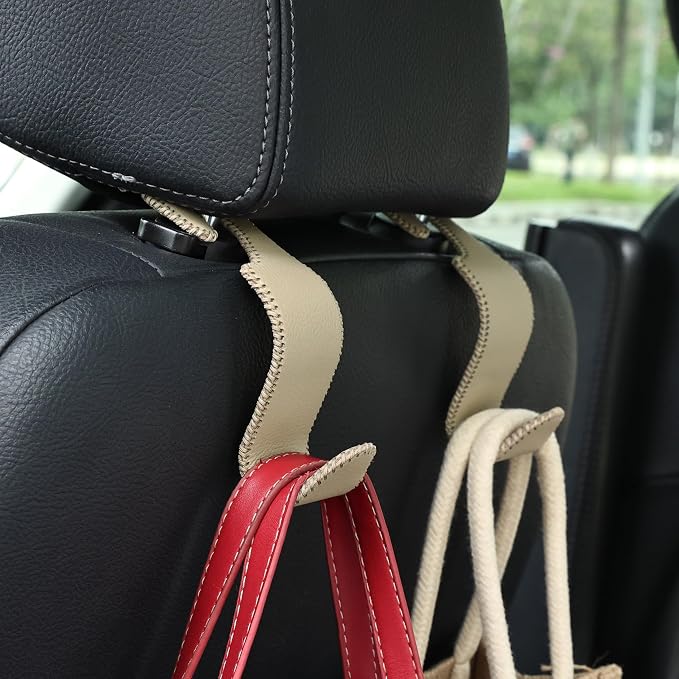 Car Seat Headrest Hook 4 Pack Metal Core Hanger Universal Car Storage Organizer for Handbag Purse Coat S Type Leather Beige