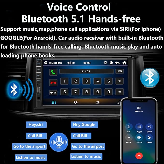 Double Din Car Stereo with Dash Cam | 7INCH Touchscreen Car Radio Receivers Support with Apple Carplay & Android Auto, Bluetooth, Backup Camera, Mirror Link, Voice Control, SWC, FM/USB/TF/AUX