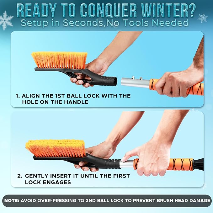 27" Car Snow Brush and Ice Scrapers for Car Windshield (Orange - 2 Pack) | Scratch Free Bristle Head Snow Brush & Tough Window Snow Scraper with Aluminium Body