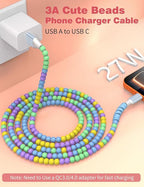 USB A to USB C Cable 6FT,Beaded Charger Cord for iPhone 17 16 Pro Max 17e 15 Car play,Type C Cute Car Charger Cord for iPad 10 11th A16/Samsung S26 S25 S24 S23 FE/Android Phone Girls Women,BlueYellow