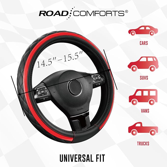Leather Steering Wheel Cover – Black & Red Universal Fit 14.5-15 Inch, Microfiber Leather, Anti-Slip & Breathable Design for Men and Women