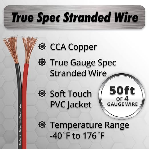 4 Gauge Wire - 50 feet 4 AWG Battery Cable - Copper Clad Aluminum (CCA) Wire for Car Audio, Amplifier Power, 4 Gauge Battery Cables, and Ground Applications