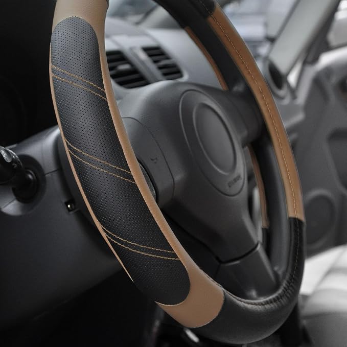 Leather Steering Wheel Cover 14 1/2 to 15 inch Universal Padded Soft Grip Breathable for Car Truck SUV Jeep Anti Slip Brown
