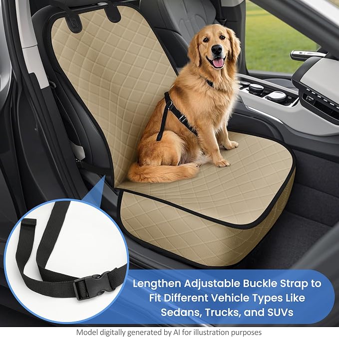 Dog Car Seat Covers, Waterproof Front Seat Cover for Dogs, Scratch-Proof, Nonslip Pet Passenger Seat Cover Protector, Universal Fit for Cars Trucks SUVs, Large Size, Khaki