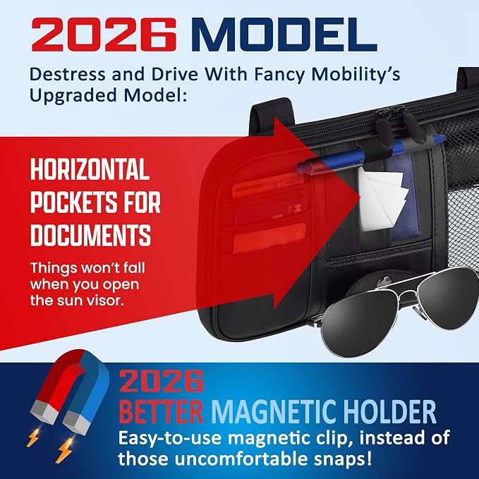 Car Sun Visor Organizer – Car, SUV, Truck Interior Accessories - Magnetic Glasses Holder & Full Length Horizontal Pockets, Allows Safe Driving - 12.2 X 6.1 In, Black