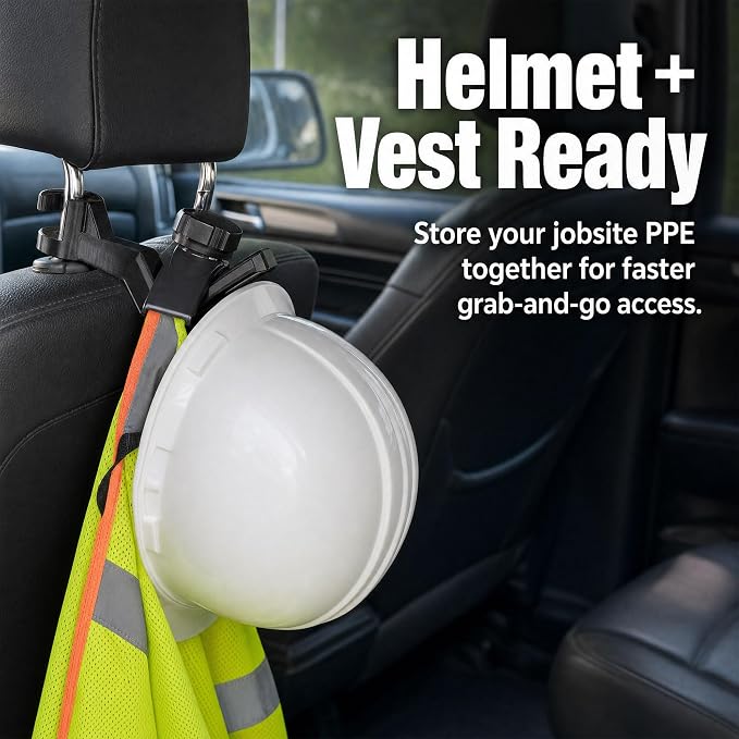 2 Pcs Hard Hat Holder for Truck Seat - 3-Second Install Headrest Hook Hanger for Hardhat and Safety Vest Storage, Hard Hat Buddy Rack Accessories for Construction, Utility & Linemen Black