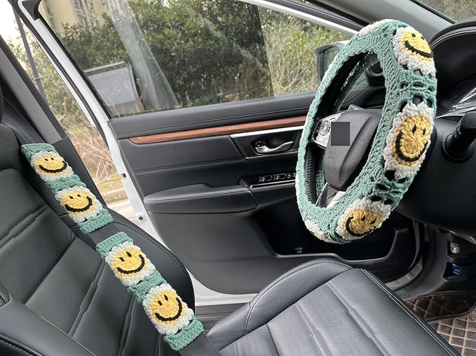 Handmade Crochet Sun Smiling face Car Steering Wheel Covers Universal 14-15 inch,Cute Steering Wheel Cover,Car Accessories (Sun Wheel Cover+2 Belt Cover)