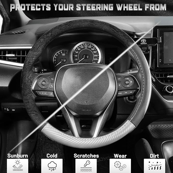 Steering Wheel Cover for Car, Standard Size 14.5-15 inch, Auto Interior Accessories, Black with Sliver Carbon Fiber Pattern