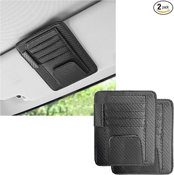 2PCS Small Leather Car Sun Visor Organizer, Multifunctional Auto Visor Document Holder with Sunglasses Clip, Universal Car Interior Organizer for Driving License, Card, Pen (Carbon Fiber Black)