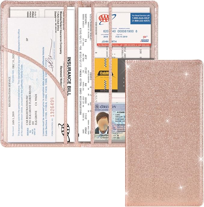 Car Registration and Insurance Holder, Car Accessories Vehicle Glove Box Car Organizer Men Women Wallet Case with Magnetic Shut for Cards, Essential Document, Driver License, Bling Rose Gold