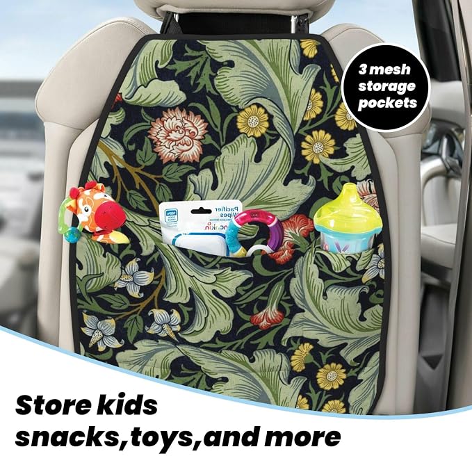 William Morris Green Floral Car Seat Back Kick Protectors Kick Mats With Storage Pockets For Vehicles To Protect From Dirt Mud Scratches 2 Pack