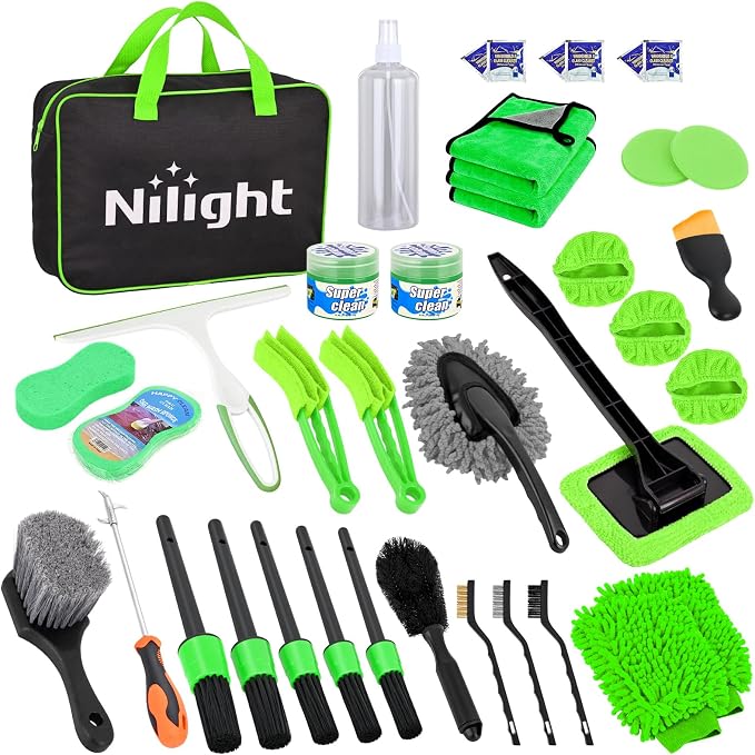 37PCS Car Detailing Kit Auto Cleaning Tools Wash Set with Storage Carry Bag Home Use for Interior Exterior Deep Clean Car Care Windshield Dashboard Seat Air Vents Wheels Tires, Green