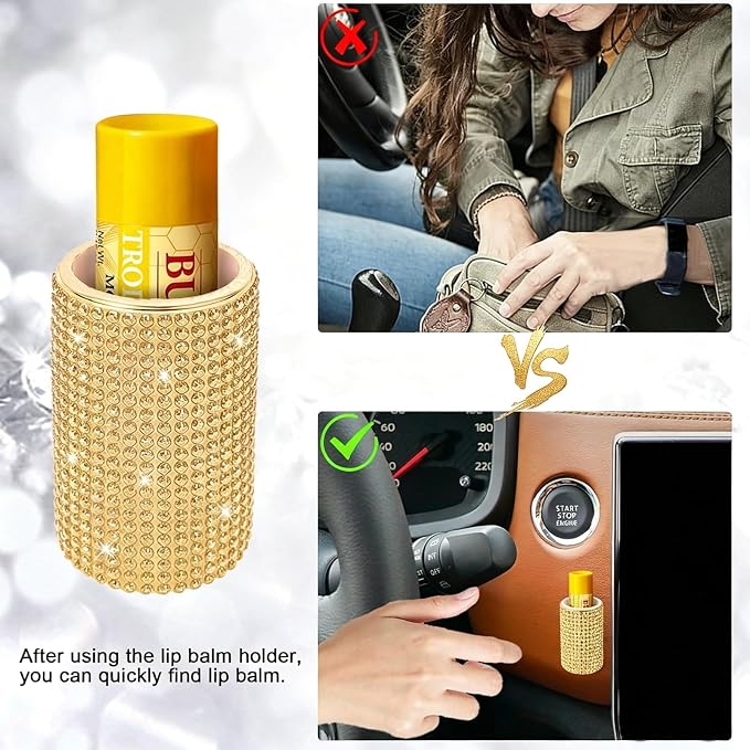 Upright Car Chapstick Holder, Bling Insulating Lip Balm Holder,Rhinestone Car Accessories for Women Interior,Suitable for Most Vehicles. (Yellow)