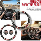 Anniversary American Flag Steering Wheel Cover 14-15 Inch +2Pc Car Coasters | Universal Anti-Slip Breathable for Men Women | Patriotic Car Accessories USA Flag Auto Interior Decor Gift